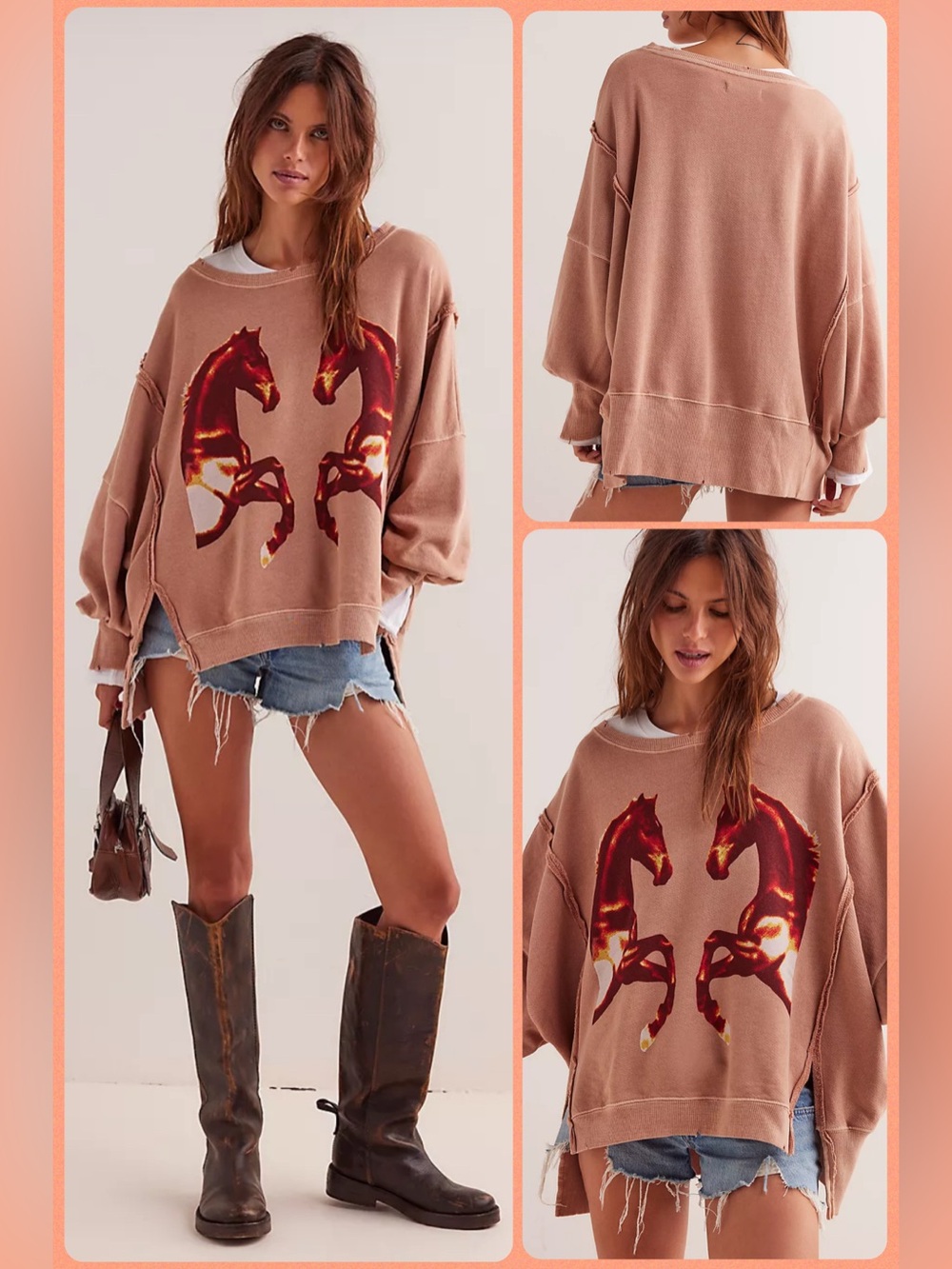 🍒New Without Tags - Free People We The Free Mirrored Horses Graphic Camden. XL